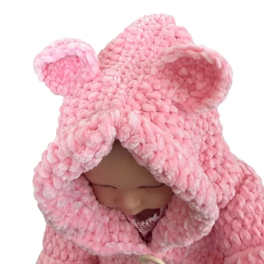 Handmade Pink Chenille Newborn Baby Hoodie & Booties Set Bear Ears Soft Plush - Picture 4 of 16